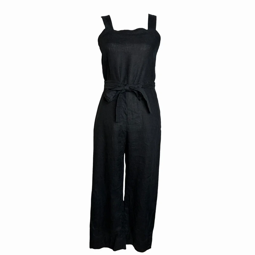 Quince European Linen Jumpsuit XS Black Square Neck Belted Minimalist Travel